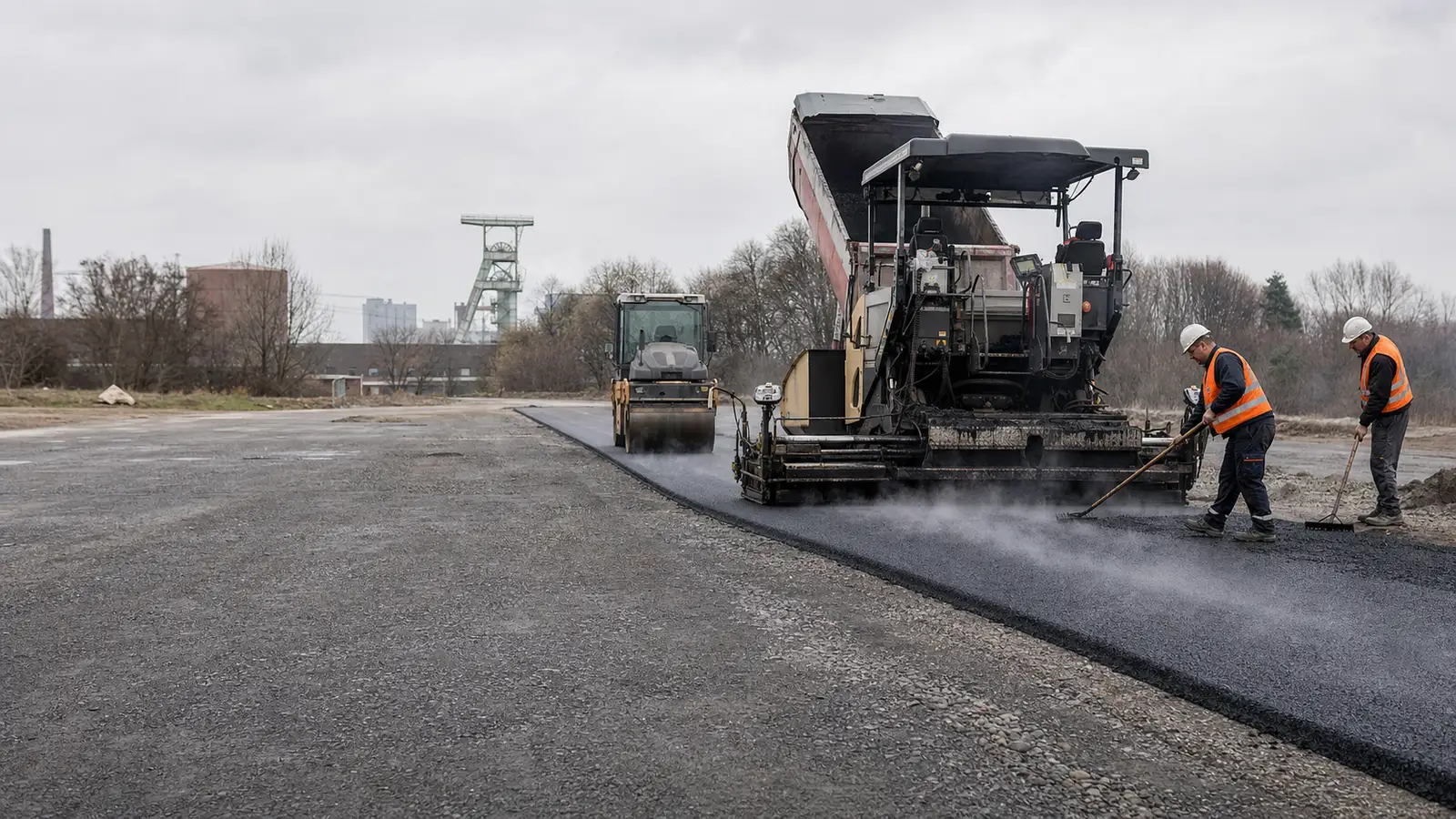 Asphaltfertiger baut eine neue Deckschicht ein, dahinter eine Walze und ein Fördergerüst am Horizont