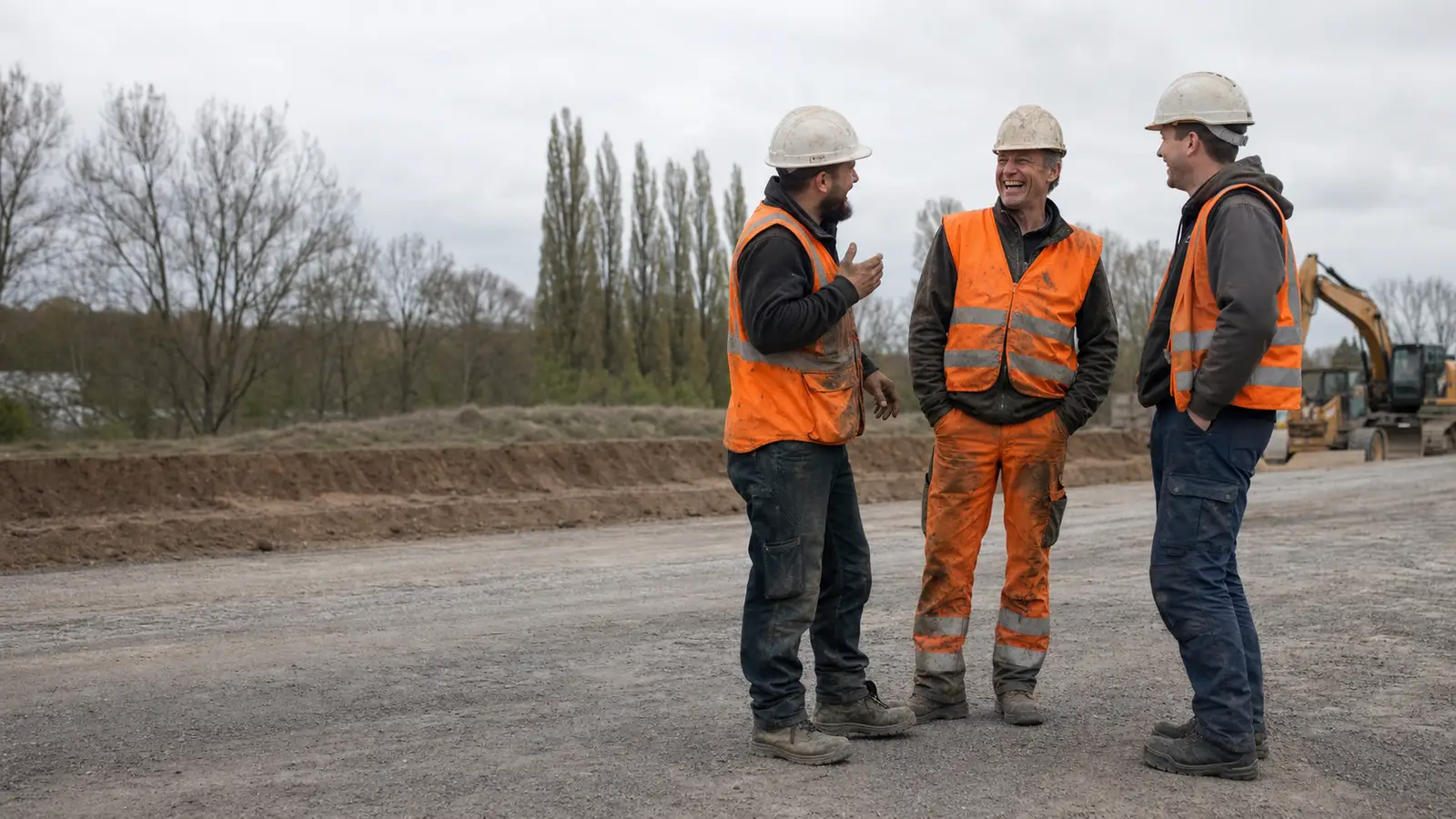 Drei Kollegen im Gespräch auf einer Baustelle, im Hintergrund ein Bagger